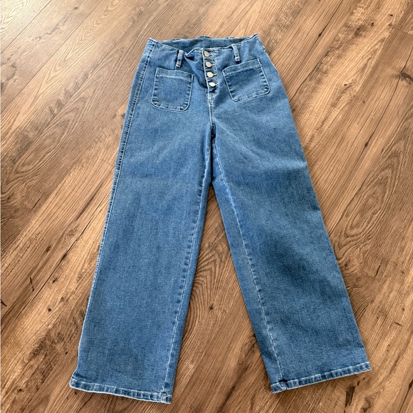 Classic Blue High-Waisted Women Wide Leg Crop Jeans - Picture 1 of 4